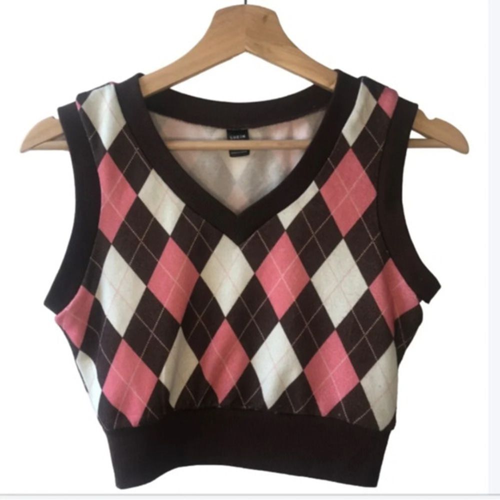 Brown Argyle cropped V Neck sweater vest XS pink preppy light academia career